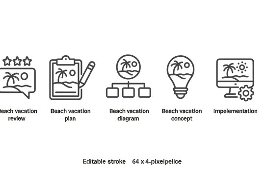 Vector icon set depicting beach vacation themes including reviews, planning, diagrams, concepts, and implementation for vacation ideas and activities