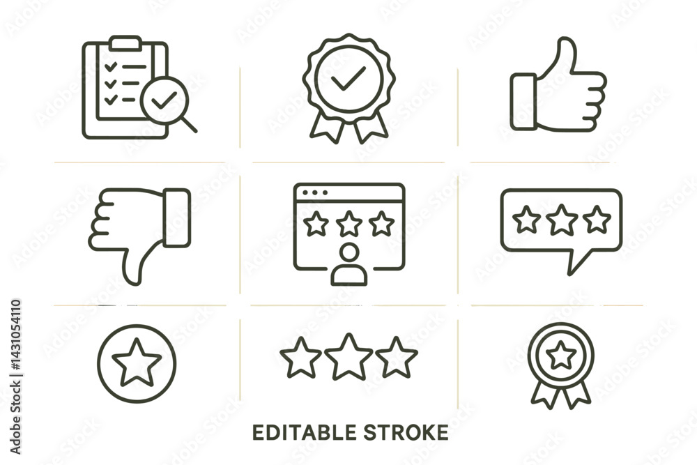 Poster vector icon set featuring various elements for feedback and evaluation in a simple outline style