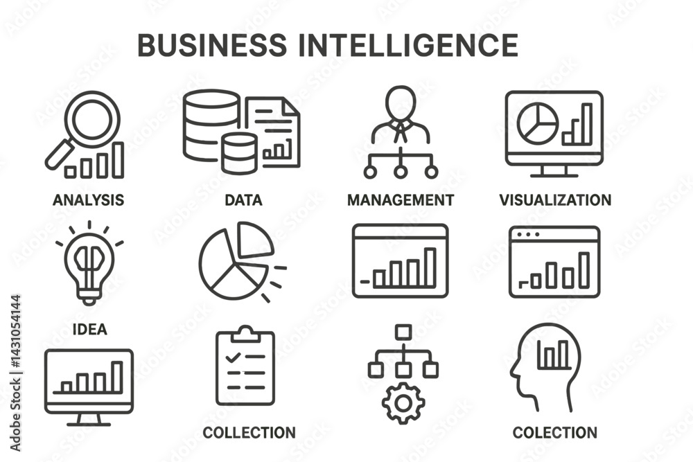 Poster vector icon set illustrating business intelligence concepts with data analysis, visualization, and m