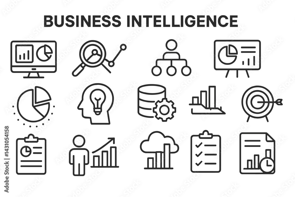 Poster vector icon set illustrating concepts related to business intelligence with various graphical elemen
