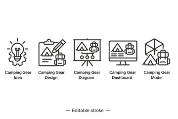 Vector icon set showcasing various stages in camping gear development and design for outdoor enthusiasts and designers