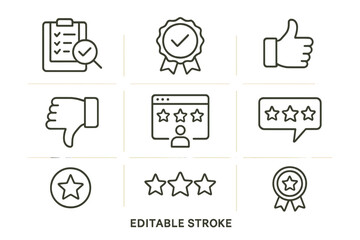 Vector icon set featuring various elements for feedback and evaluation in a simple outline style
