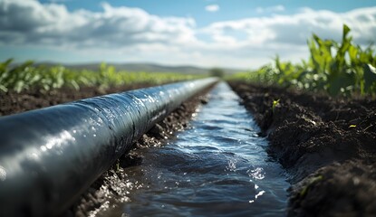 Close-up of a black water pipe with sharp edges flowing in a line along the field path. Water delivery system for agricultural use, 