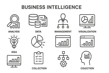 Vector icon set illustrating business intelligence concepts with data analysis, visualization, and management elements