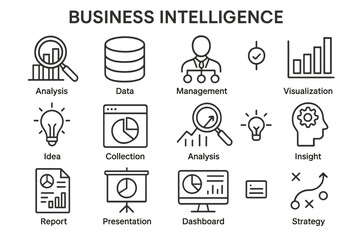 Business intelligence vector icon set showcasing analysis, data management, and visualization concepts for effective strategy development