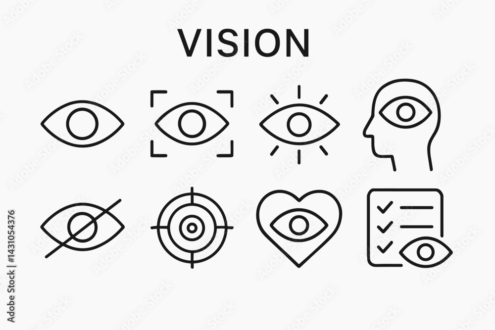 Poster vector icon set representing vision concepts in minimalistic design for apps and web use