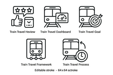 Vector icon set representing various aspects of train travel management and experience for modern transportation solutions