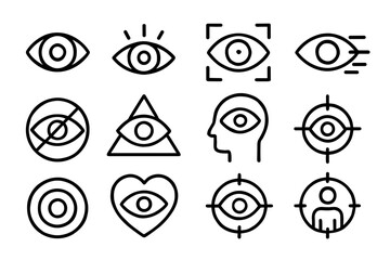 Vector icon set featuring various eye designs for use in creative projects and graphic applications