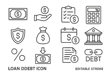 Collection of vector icons representing loan and debt concepts for financial applications
