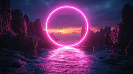 Fototapeta premium Neon Circle Portal at Seaside Rocks with Ocean Sunset Scenery