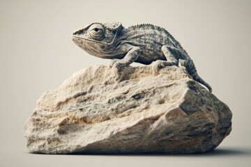 A light-gray chameleon perched atop a light beige rock.