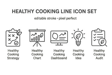 Creative vector icon set for healthy cooking strategies, charts, and audits designed for modern culinary applications