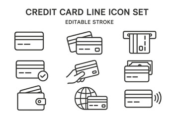 Vector icon set featuring credit card illustrations depicting various payment actions and secure transactions with wallets and ATMs