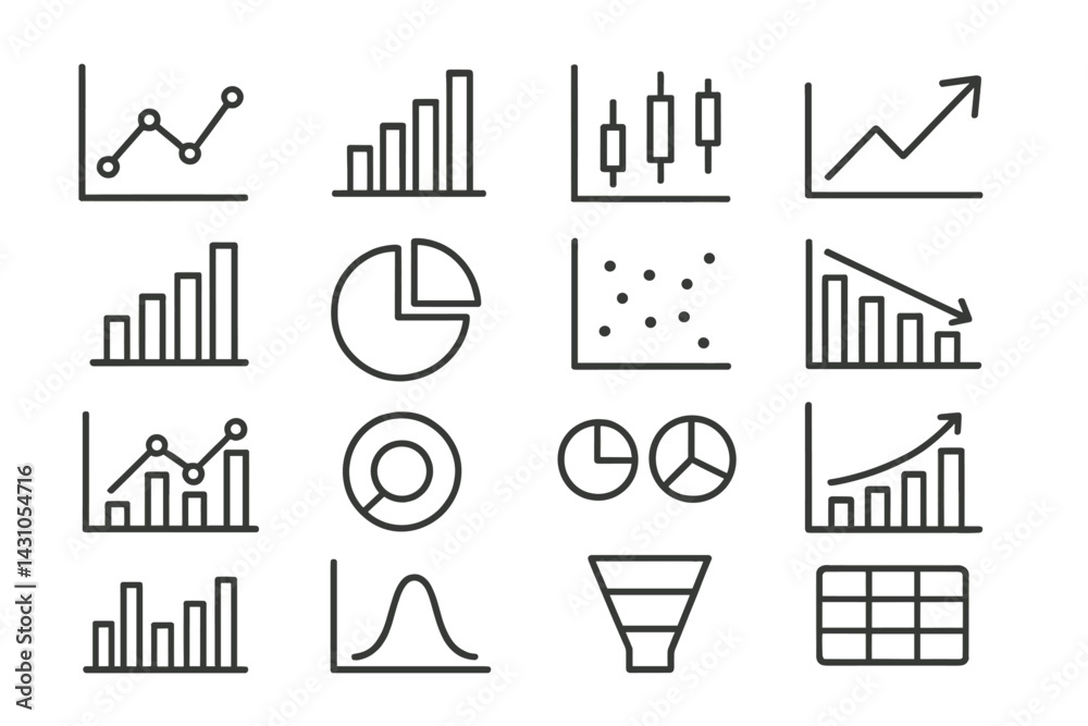 Poster vector icon set featuring various types of charts and graphs for data visualization