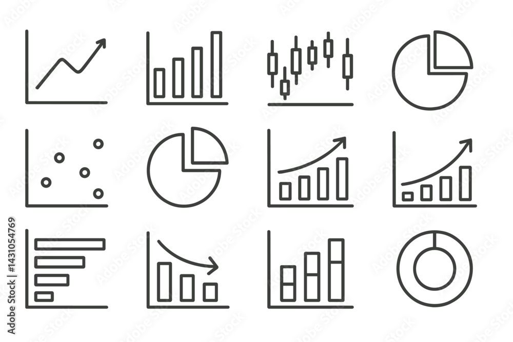 Poster vector icon set featuring various types of graphs and charts for data visualization