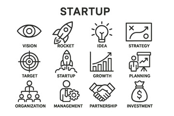 Collection of vector icons representing startup concepts, including vision, growth strategy, and investment approaches for entrepreneurs