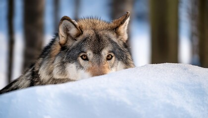 Naklejka premium timber wolf hiding behind a snowdrift in snowy winter forest wild life landscape european wolf canis lupus in natural habitat