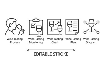 Wine tasting vector icon set showcasing process, monitoring, charts, plans, and diagrams for enthusiasts and professionals