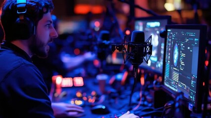 Studio for live streaming of events, microphones and broadcasting equipment.