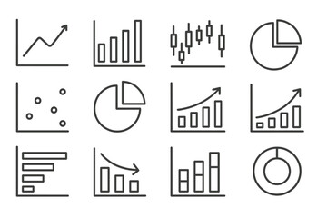 Vector icon set featuring various types of graphs and charts for data visualization