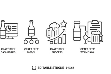 Collection of craft beer vector icons illustrating dashboard, model, success, and workflow concepts for brewing enthusiasts