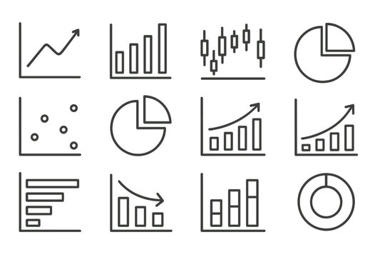 Vector icon set featuring various types of graphs and charts for data visualization