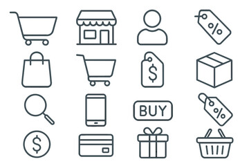 Vector icon set representing shopping elements, commerce activities, and online purchase symbols for digital design use