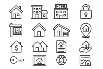 Vector icon set depicting real estate concepts including houses, sales, and security symbols for property management