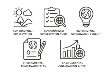 Vector icon set featuring environmental conservation concepts, planning, auditing, and data visualization for sustainability initiatives