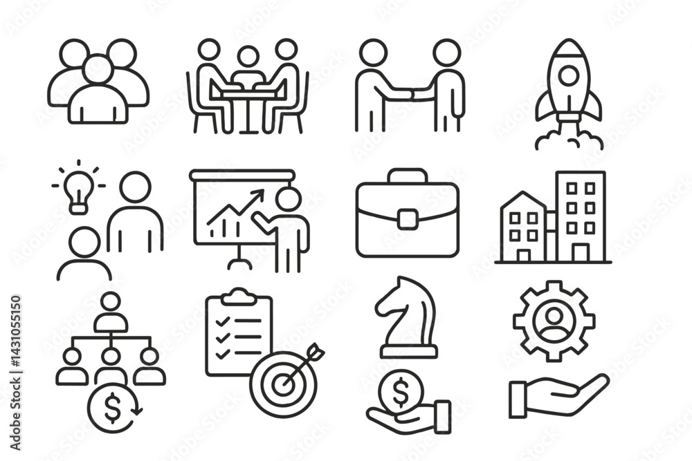 Poster vector icon set showcasing business and teamwork concepts in a clean and modern design suitable for 
