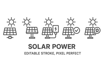 Solar power vector icon set featuring solar panels, sun, and energy symbols in a clean design