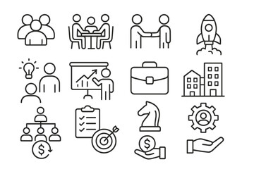 Vector icon set showcasing business and teamwork concepts in a clean and modern design suitable for various professional applications