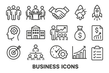 Business icon set featuring collaboration, strategy, and growth symbols
