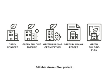 Vector icon set illustrating various aspects of green building concepts and planning for sustainable architecture