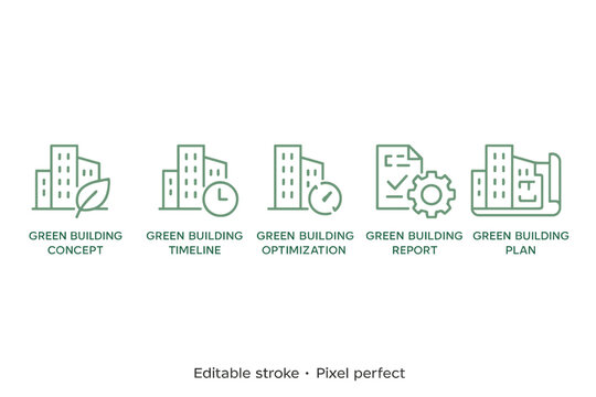 Green building concept icon set featuring various aspects of sustainable architecture and construction practices