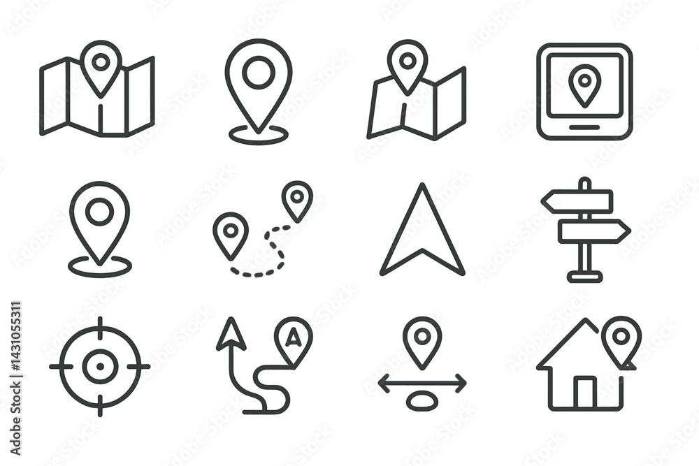 Poster vector icon set featuring navigation elements, maps, and location markers for various applications
