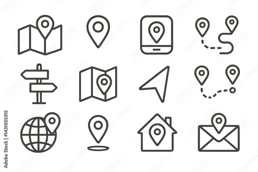 Poster vector icon set featuring navigation symbols and location markers for various applications