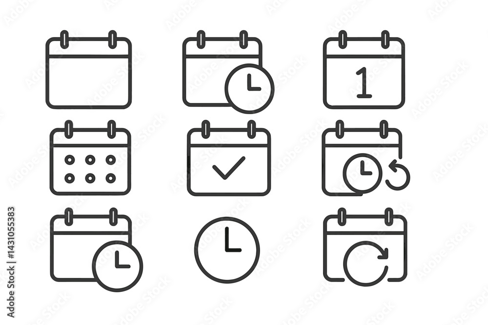 Poster vector icon set featuring various calendar designs with time indicators for scheduling and planning