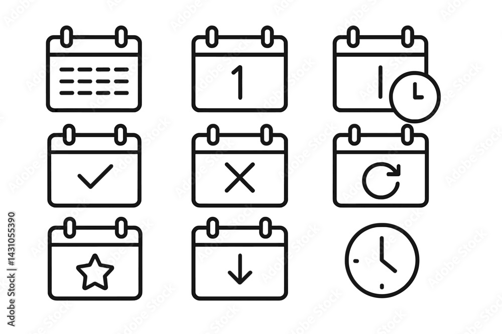 Poster calendar icon set featuring various symbols for dates, times, and scheduling activities in a simple 