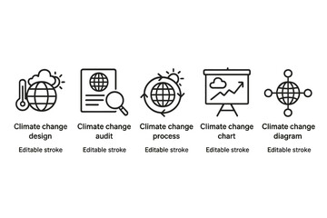 Vector icon set representing climate change topics including design, audit, process, chart, and diagram for environmental discussions
