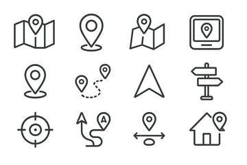 Vector icon set featuring navigation elements, maps, and location markers for various applications