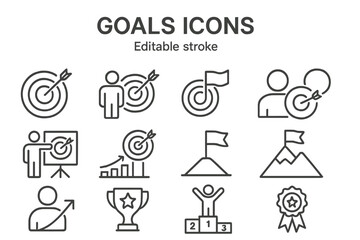 Vector icon set representing various goals and achievements related activities