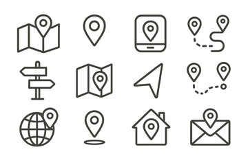 Vector icon set featuring navigation symbols and location markers for various applications