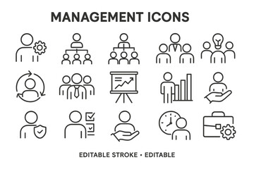 Management icon set featuring various symbols related to leadership, teamwork, strategy, and analysis for business applications