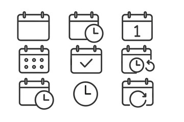 Vector icon set featuring various calendar designs with time indicators for scheduling and planning
