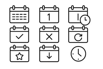 Calendar icon set featuring various symbols for dates, times, and scheduling activities in a simple vector design
