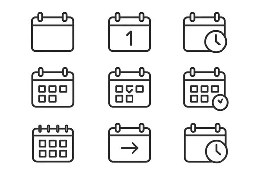 Vector icon set featuring minimalist calendar designs for various scheduling activities in modern environments