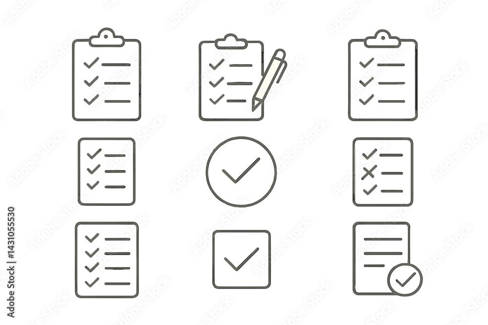 Poster vector icon set featuring checklists and writing tools for task management and organization