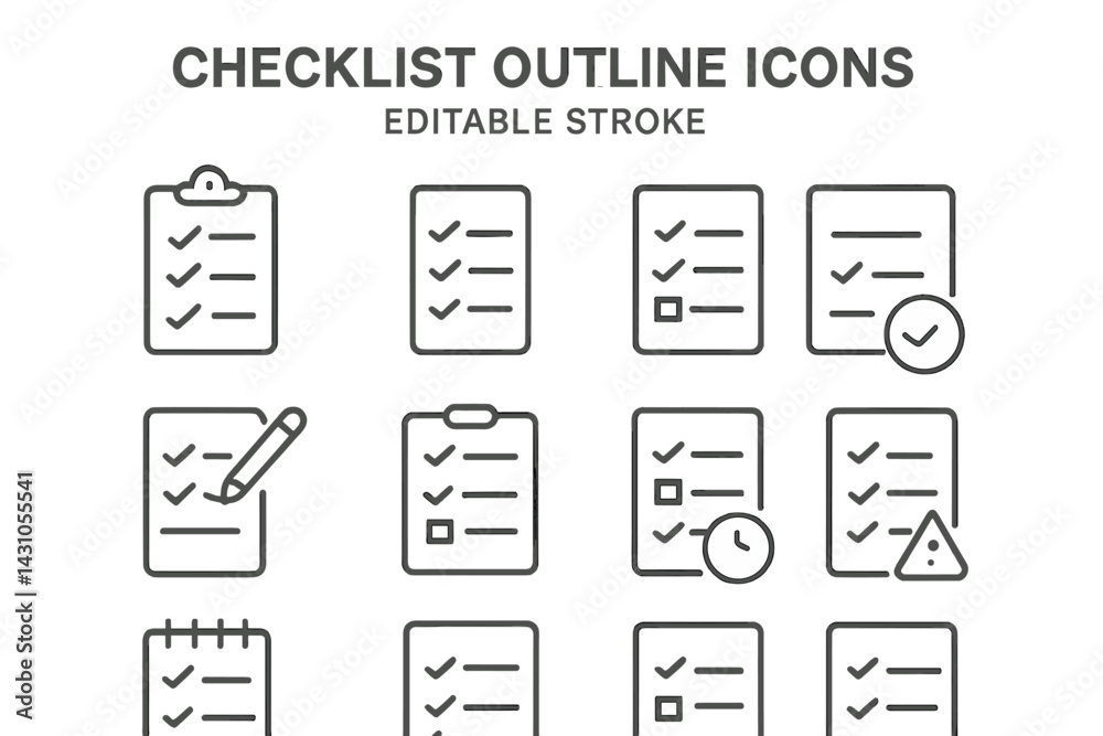 Poster vector icon set featuring checklist outline icons for various tasks and activities in a minimalistic