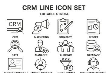 Vector icon set featuring CRM concepts including marketing, strategy, and customer engagement elements